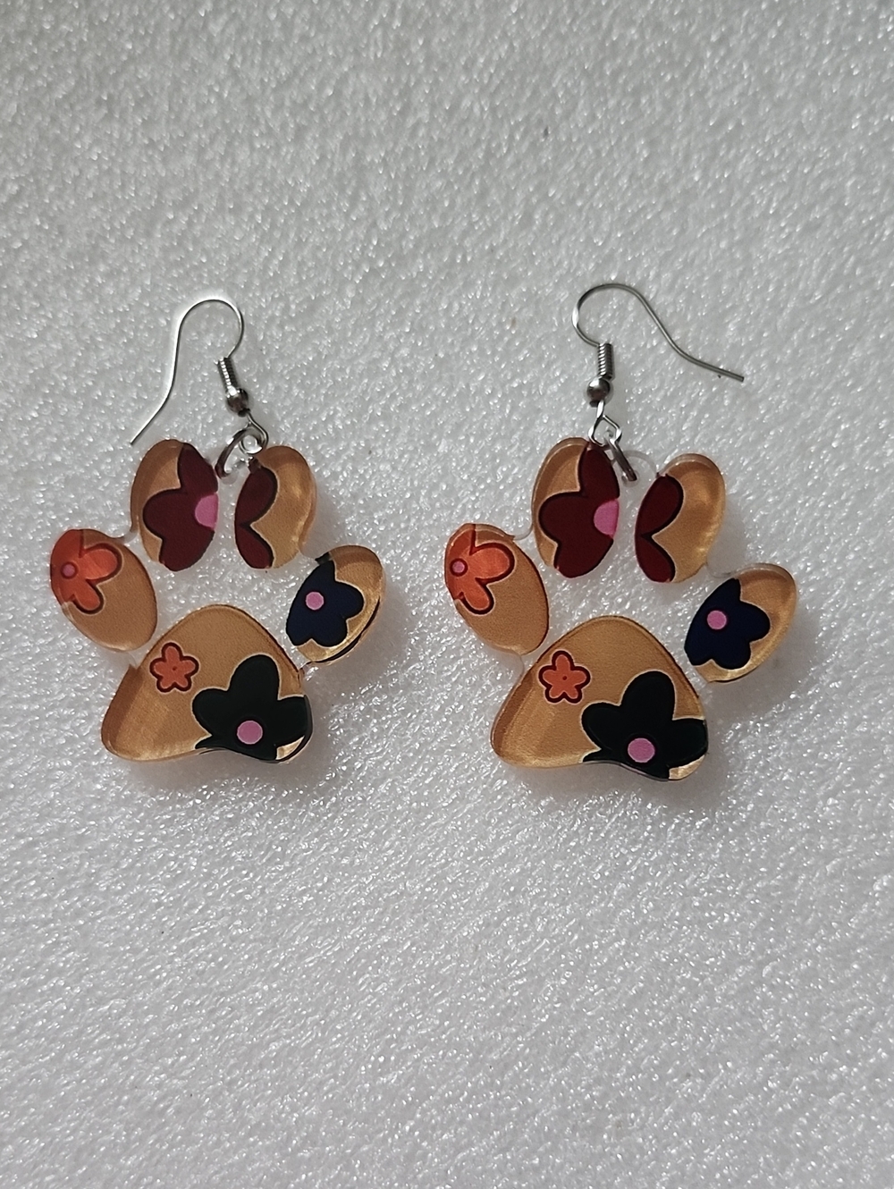 Hand Crafted Paw Print Dangle Earrings in Tan, Black, Pink & Orange